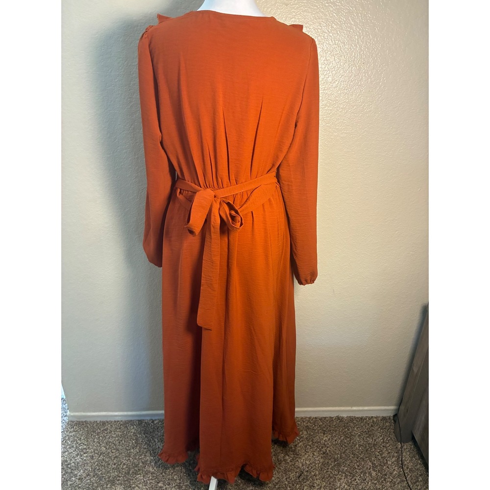 Simplee Burnt Orange Ruffle Wrap Maxi Dress Crochet Lace Long Sleeve Womens L - Picture 2 of 5